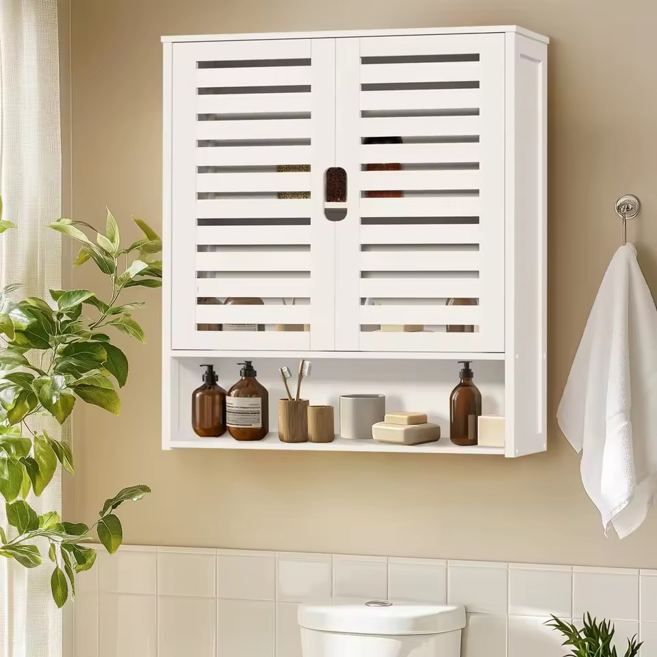 Bathroom Cabinet Wall Mounted Bamboo Storage Organizer Medicine Cabinet with 2 Doors