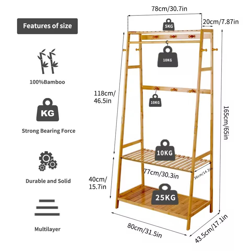 Bamboo Clothes Rail Rack Free Standing Garment Rack with 3 Storage Shelves and 10 Hooks