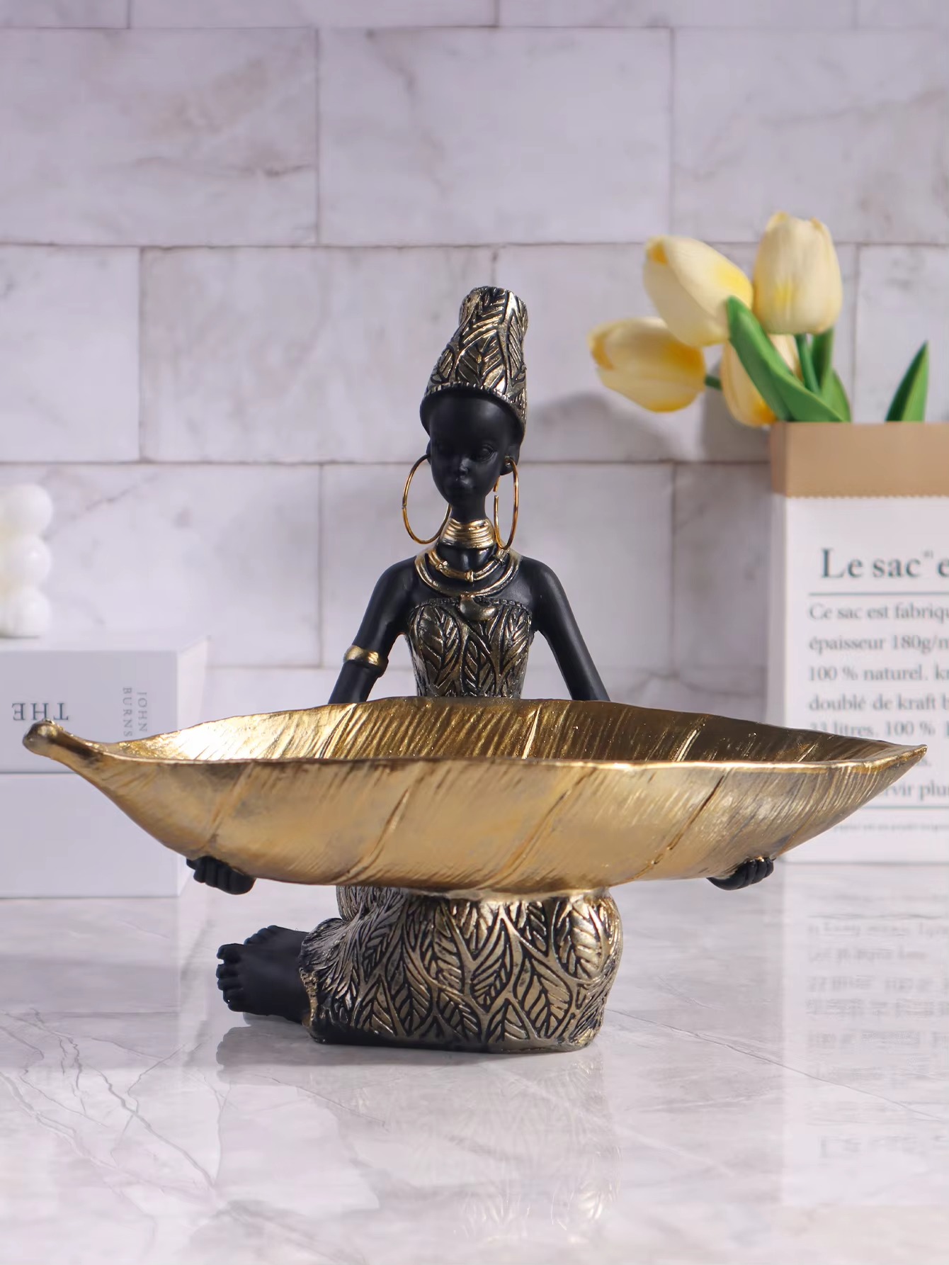 African Girl Holding a Plate Sculpture, Home and Office Decorative Storage Ornament, Vintage Collectible Craft Deskt Decor