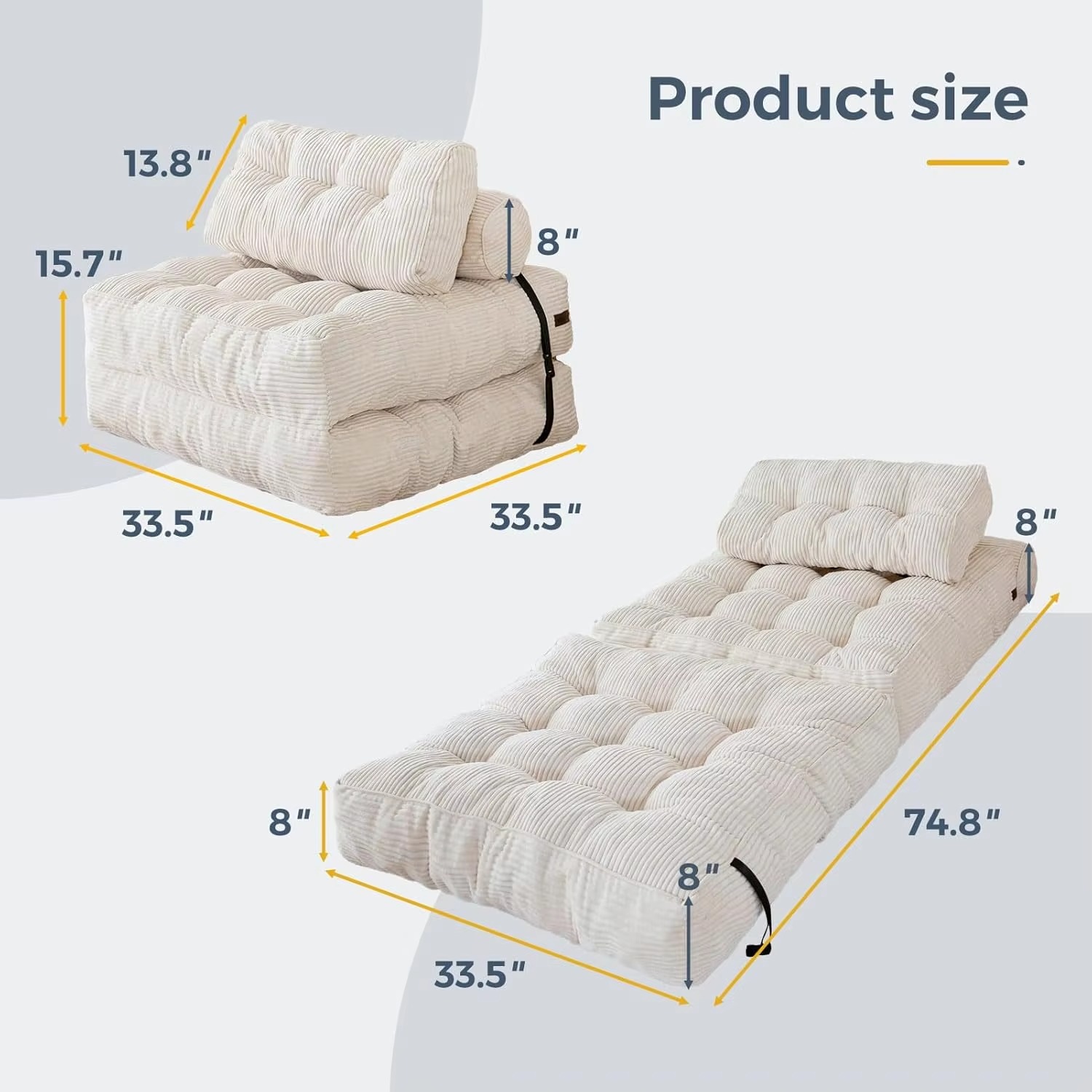 Folding Sofa Bed, Convertible Sleeper Chair with Pillow Foldable Matress, Portable Fold Out Chair Bed Comfy Floor Sofa Lounge