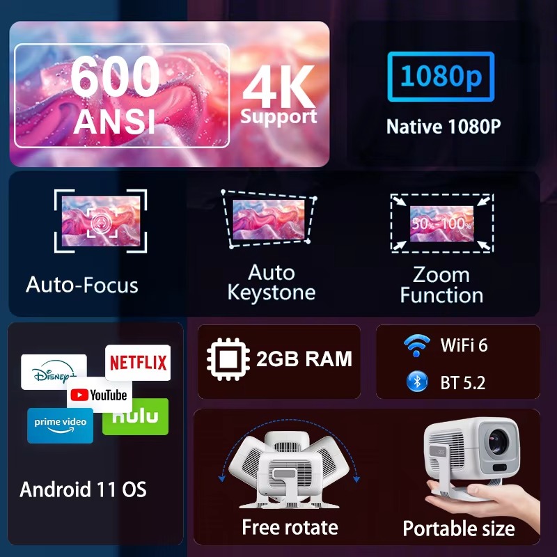 HUAWEISHI 4K Projector Android Native Portable 1080P Auto Focus 600ANSI Video home Cinema Outdoor hd led Projetor